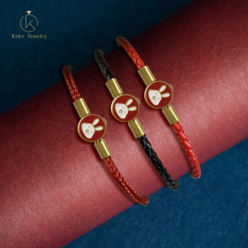 Titanium Steel Rabbit Red Cord Women's Braided Bracelet Genuine Leather Bracelet  with Oil Drop Craft 024