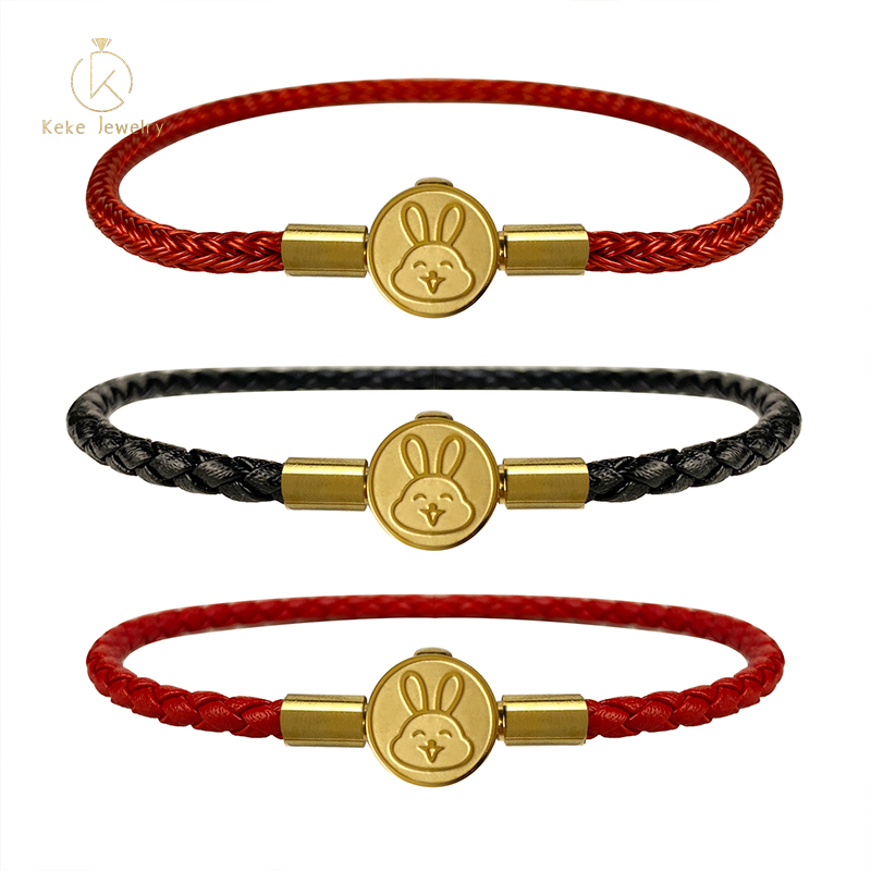 Titanium Steel Rabbit Red Cord Women's Braided Bracelet Genuine Leather Bracelet Lucky Bead Gift 025
