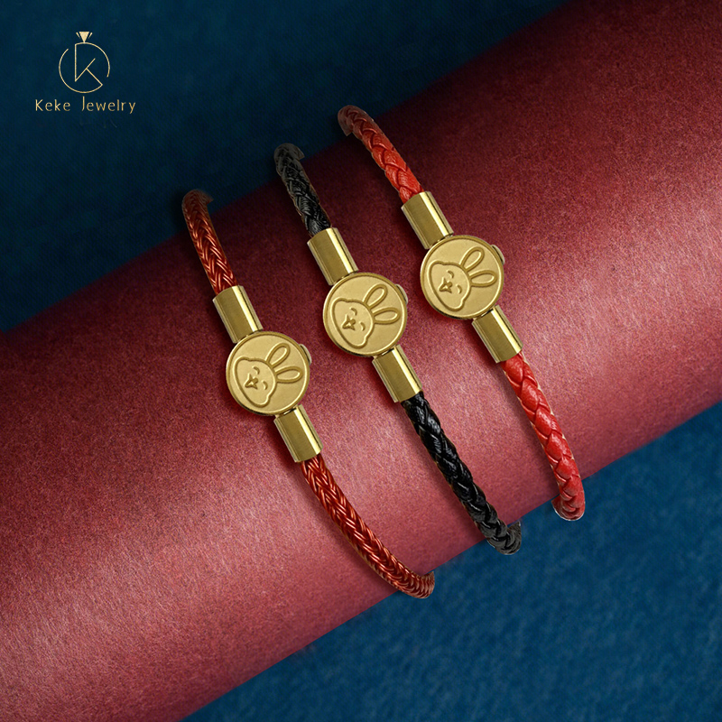 Titanium Steel Rabbit Red Cord Women's Braided Bracelet Genuine Leather Bracelet Lucky Bead Gift 025