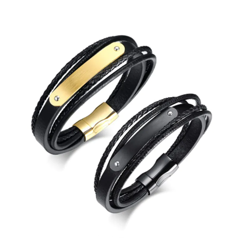 Stainless Steel Leather Bracelet 21CM Stainless Steel Bracelet Fashionable Men's Fashion Jewelry Curved Brand Leather Bracelet BL-377