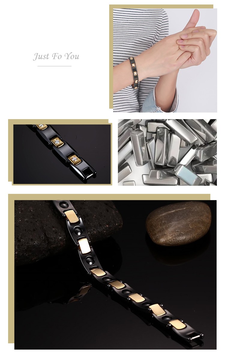 product-European and American Jewelry Thick Bracelet Ceramic Black Stone Stainless Steel Gold Plated