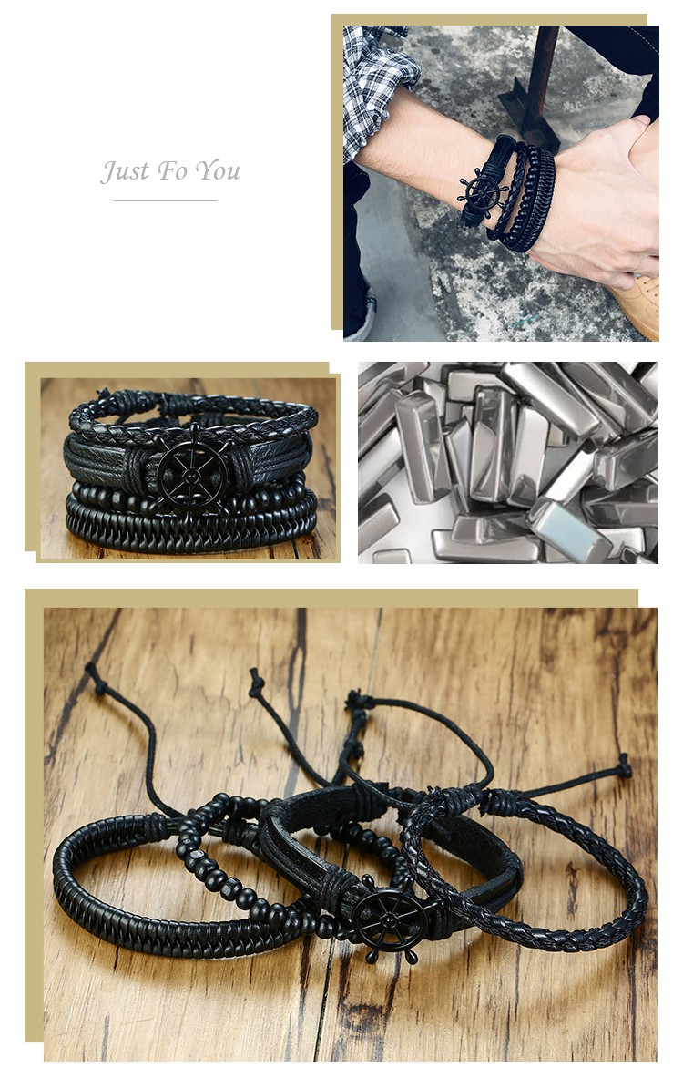 product-KeKe-Alloy rudder + black wood beads PU leather braided four-piece bracelet Mens bracelet BL