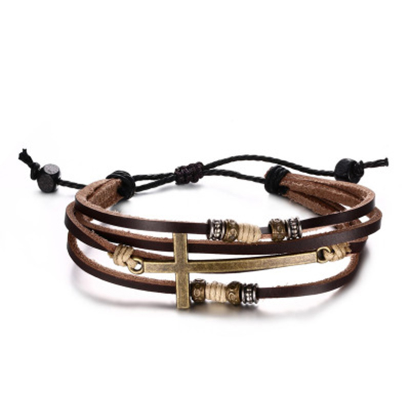 New European and American fashion Men's retro bracelet High-quality cowhide alloy cross drawstring bracelet BL-150