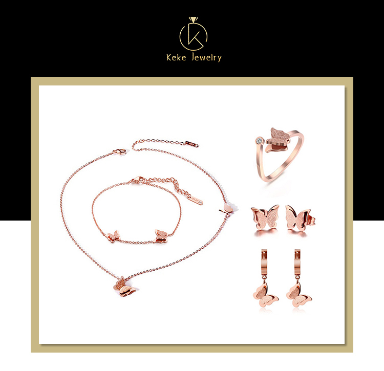 product-Wholesale Rose Gold Titanium Steel Butterfly BraceletNecklaceRingEarrings Womens Jewelry Jew