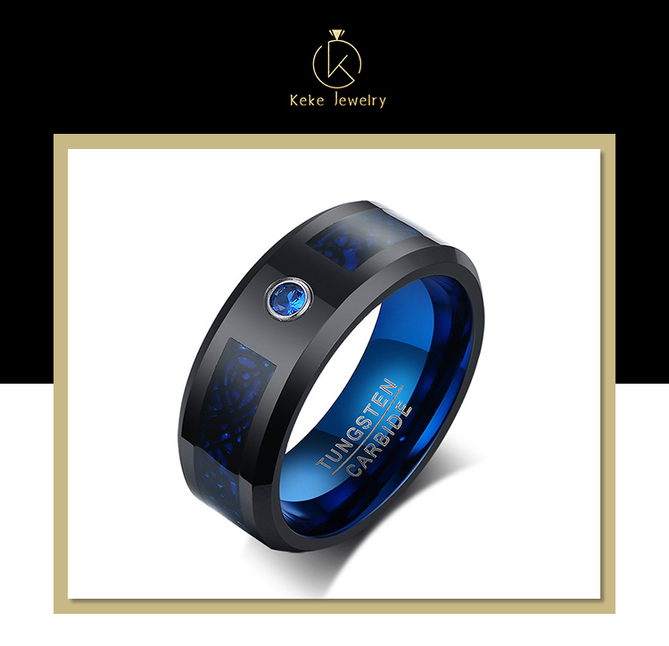 product-Supplier Wholesale Single inlaid zircon 8MM blue black tungsten steel mens ring TCR-093-KeKe