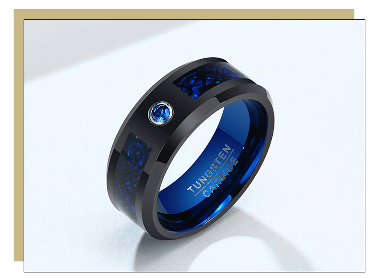 product-KeKe-Supplier Wholesale Single inlaid zircon 8MM blue black tungsten steel mens ring TCR-093