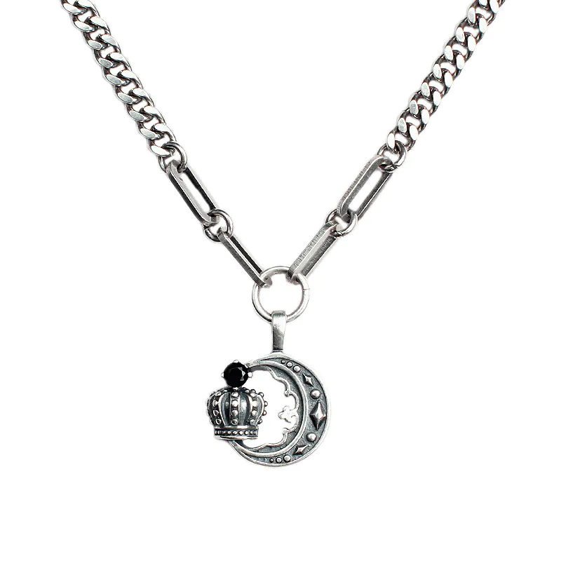TN056 Vintage fashion sterling silver S925 anchor crown and moon necklace