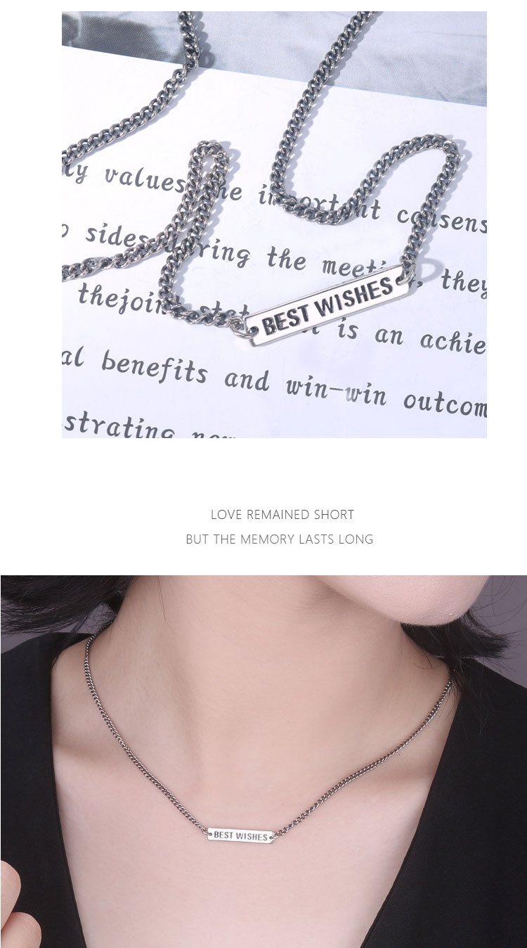 product-TN060 Vintage simple style “BEST WISHES” rectangle plaque sterling silver S925 smile necklac
